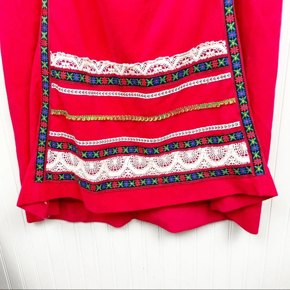 Vintage 1970s Velvety Soft Red Floral Embroidered Maxi Skirt by Evelyn Pearson